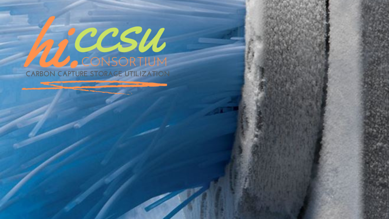 Hawaii Carbon Capture Storage and Utilization Consortium logo over dry ice pellets and frosted CO2 piping