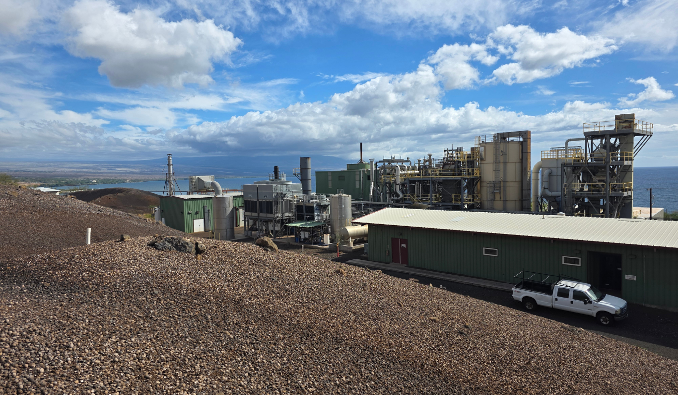 Dibshawaii 4.2 MW cogeneration plant above Kawaihae harbor on Hawaiian home lands, with the ocean beyond